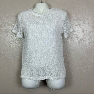 Vintage women short sleeve lace floral white‎ blouse size M